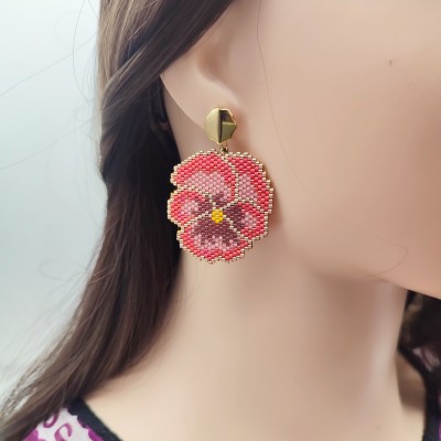 Pink Pansy Flower Earrings 18 K Gold Filled Studs