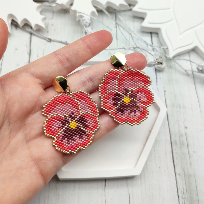 Pansy Flower Earrings 18 K Gold Filled Studs, Unique Handmade in Pink Shades