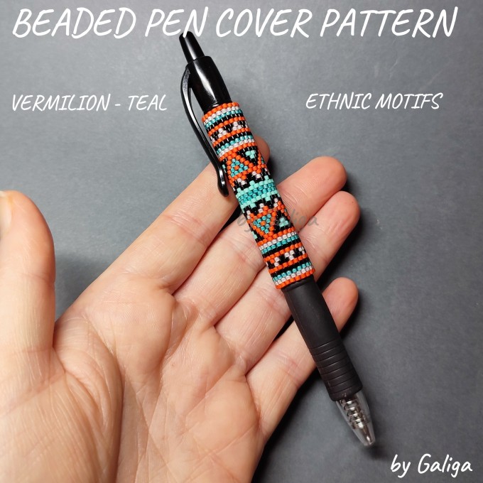 Beaded pen wrap featuring vibrant vermilion and teal ethnic motifs