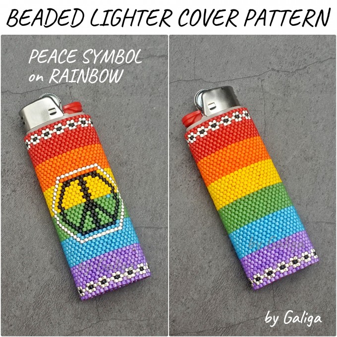 Beaded lighter case with a rainbow design and peace symbol