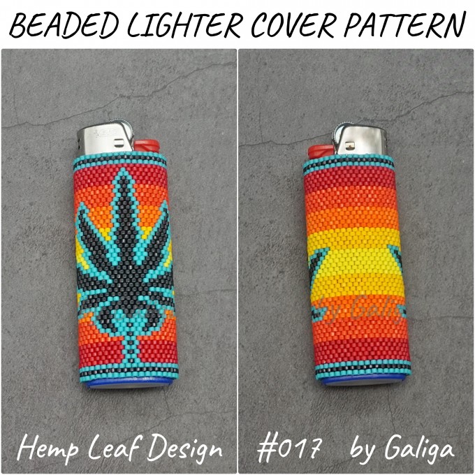 Beaded lighter cover featuring a hemp leaf design on a red and yellow gradient background, inspired by Rastafari and hippie culture