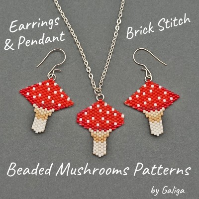 Colorful Red Fly Agaric Mushrooms Beaded Earrings and Pendant Pattern