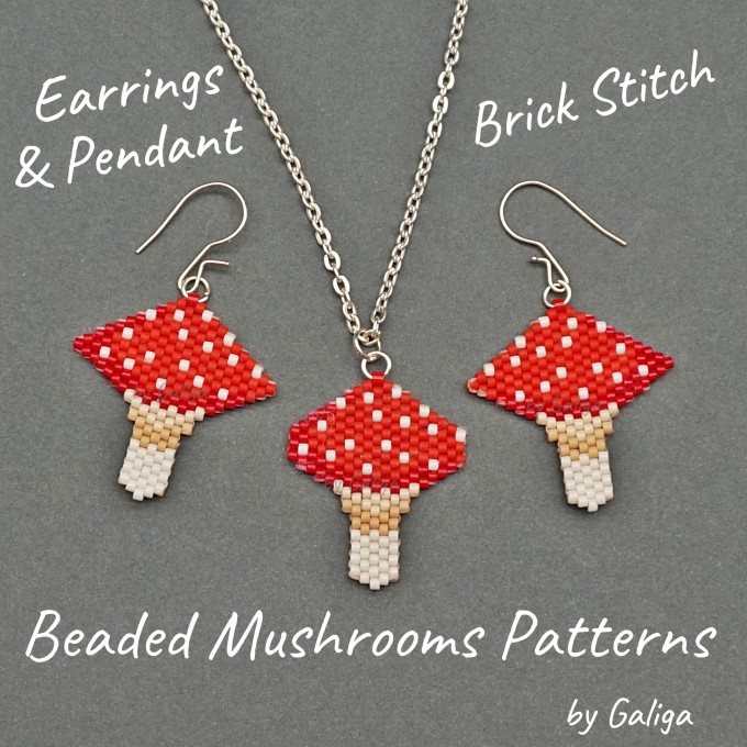 Fly agaric mushroom beaded earrings and pendant pattern with red and white beadwork.