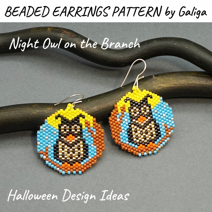 Beaded earrings with a night owl perched on a branch design for Halloween