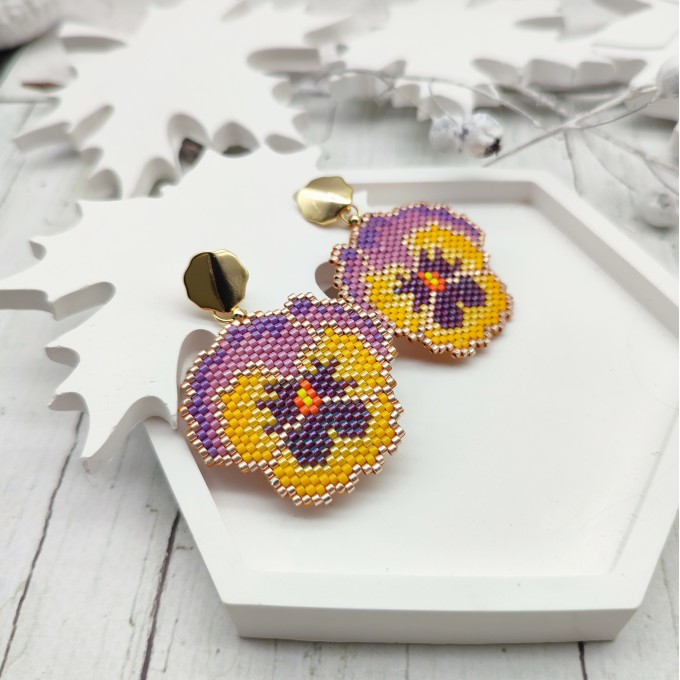 Delicate pansy earrings in yellow-purple shades with 18 K Gold Filled Studs