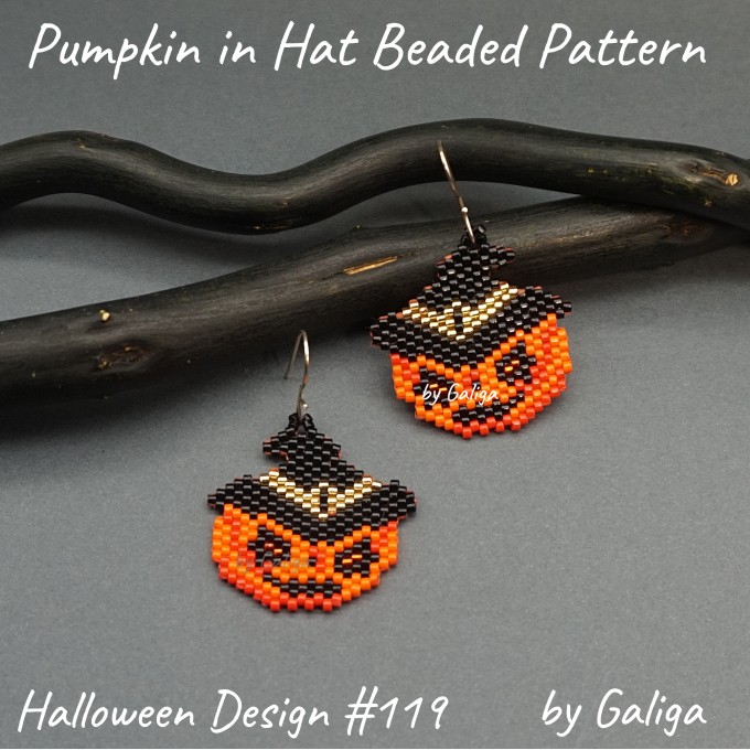 Spooky pumpkin in a hat Halloween seed bead pattern for earrings or pendants.