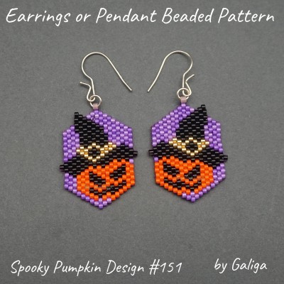 Spooky Pumpkin in Hat Beaded Earrings or Pendant Pattern