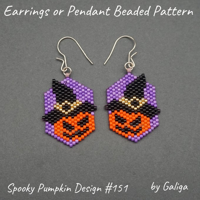 Beaded pattern for Halloween featuring a pumpkin wearing a hat, designed for earrings or a pendant