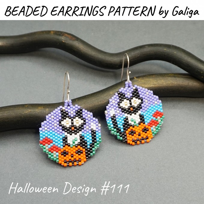 Beaded earrings featuring whimsical cat and pumpkin designs for Halloween