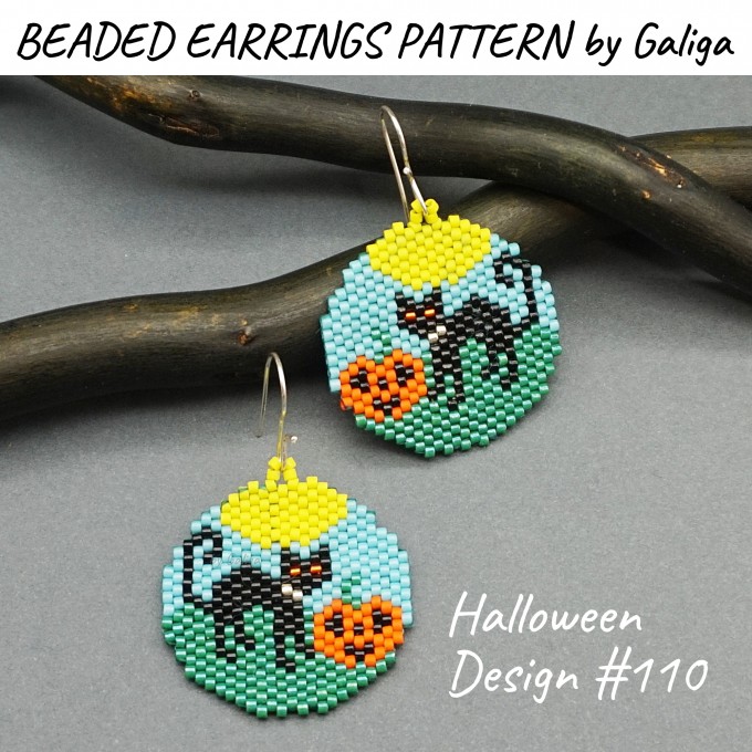 Round beaded earrings with Halloween-themed pumpkin and cat designs