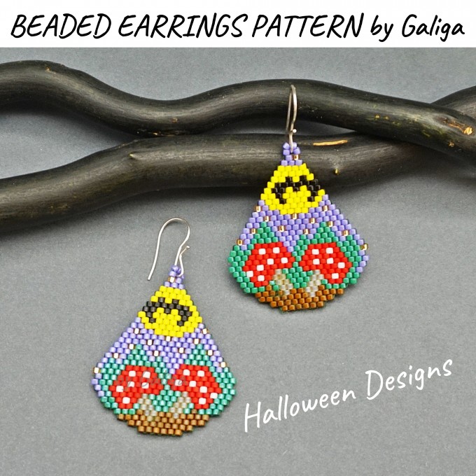 Beaded earrings featuring playful mushrooms and bats for a Halloween theme