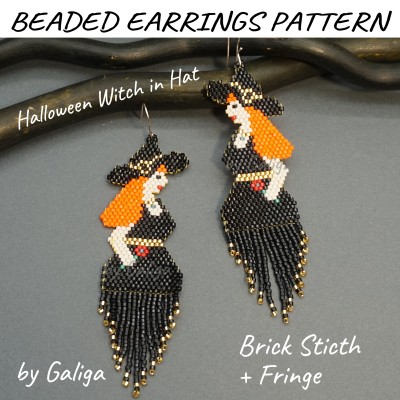 Halloween Witch in Hat with Fringe Beaded Earrings Pattern