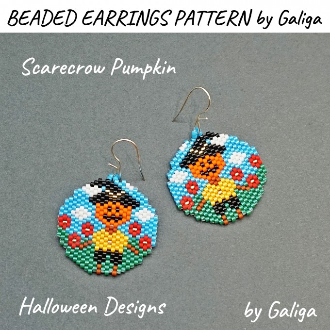 Halloween beaded design featuring a scarecrow and pumpkin pattern for earrings or pendant