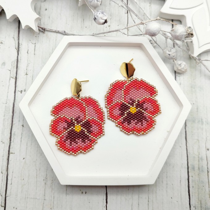 Pansy Flower Earrings 18 K Gold Filled Studs, Unique Handmade in Pink Shades