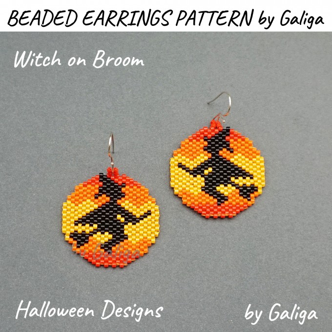 Halloween beaded earrings pattern featuring a witch on a broom design for festive crafts