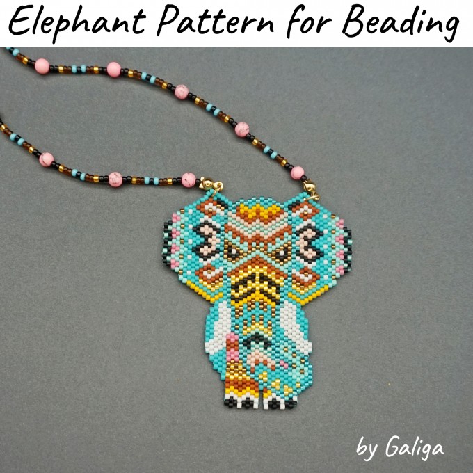 Boho-style seed bead elephant design in turquoise shades for creating pendants and other accessories