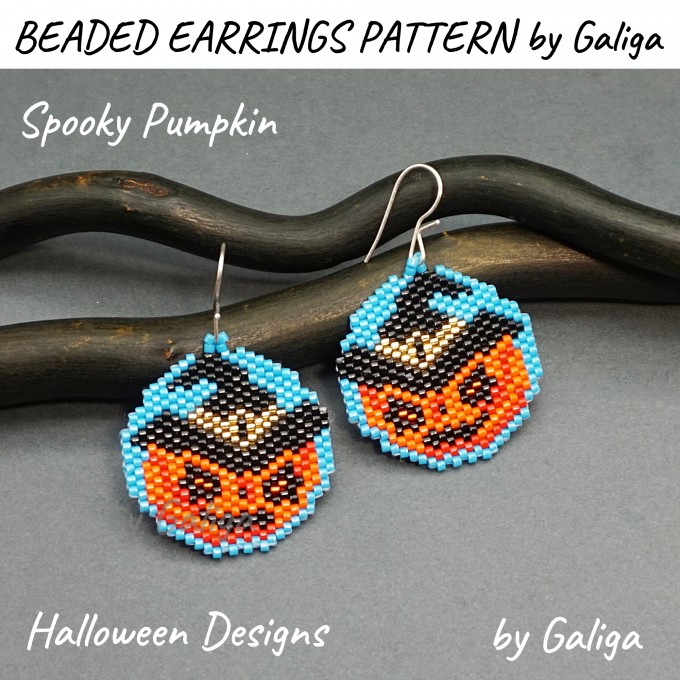 Beaded Halloween earrings pattern featuring a spooky pumpkin in a hat design.