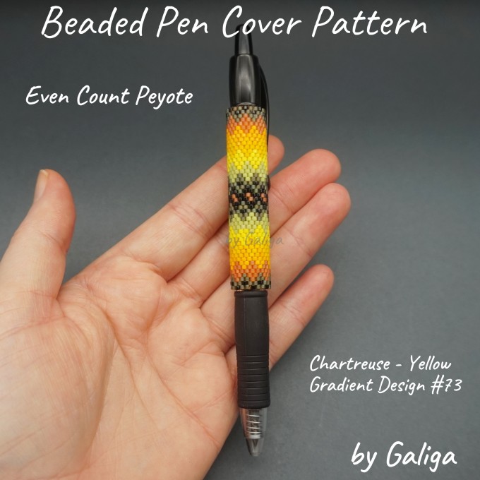 Beaded pen cover in a gradient of yellow and chartreuse tones