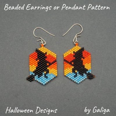 Witch on Broom Seed Bead Earrings Pattern Halloween Crafts Delica Beads