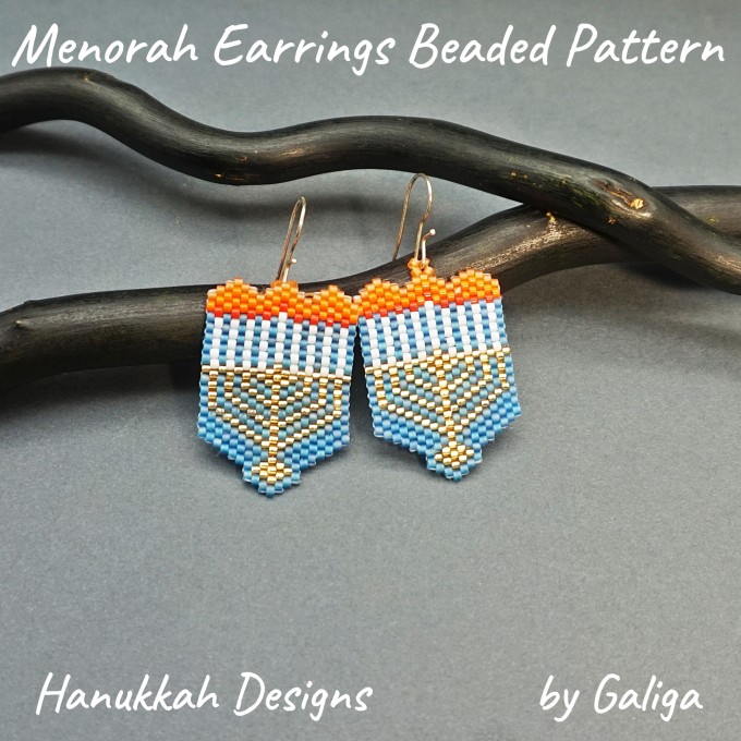 Menorah beaded earrings pattern for Hanukkah in blue and gold.