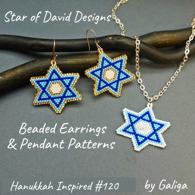 Star of David Beaded Earrings and Pendant Patterns in Blue, White, and Gold