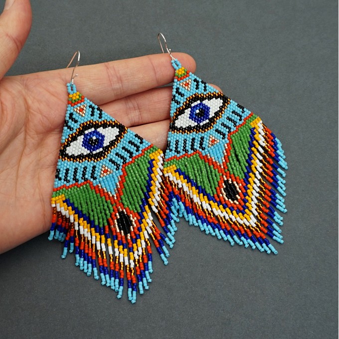 Oversized Statement Earrings of Seed Beads Evil Eye in Colorful Design
