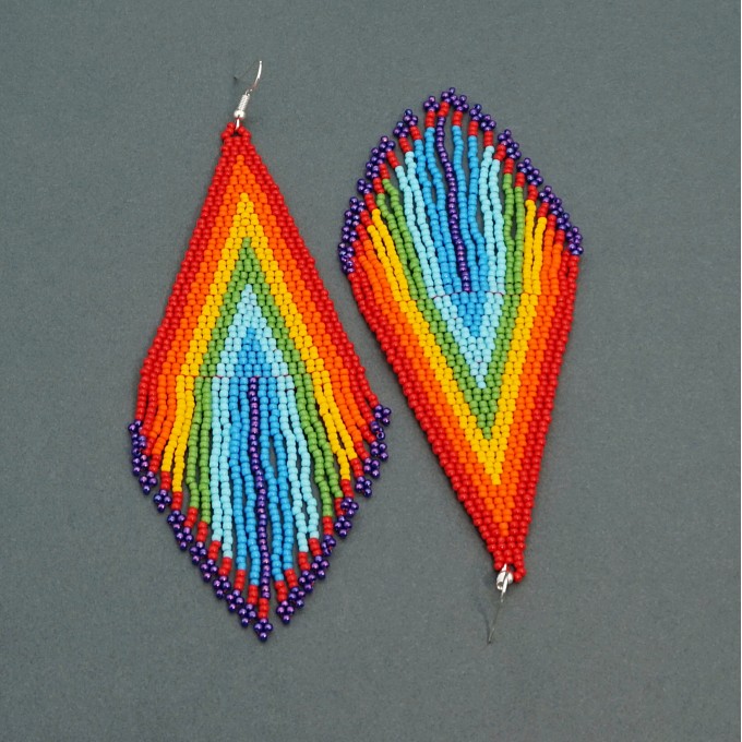 Rainbow Colors Oversized Beaded Earrings with Fringe by Galiga Jewelry