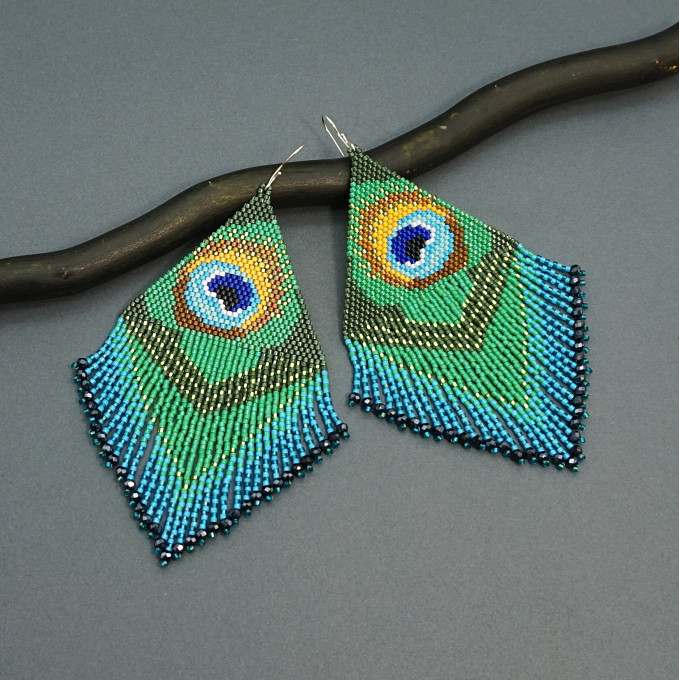 Peacock Feather Oversized Statement Beaded Earrings