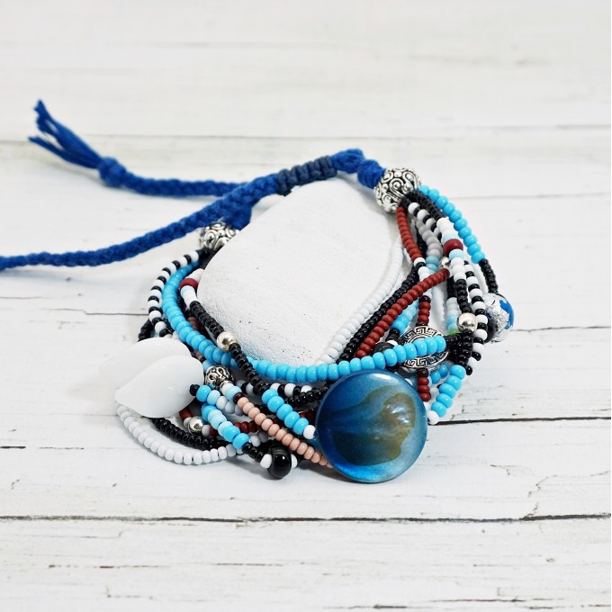 Boho Beaded Multistrand Bracelet in Blue and Brown
