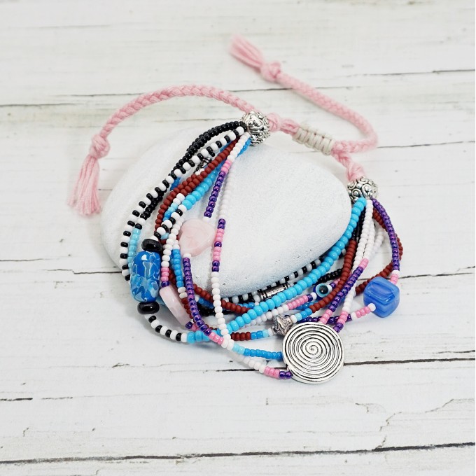 Pink Purple Blue Shades Boho Beaded Multistrand Bracelet with Glass Beads