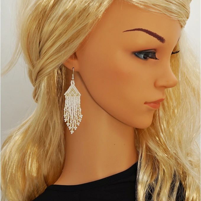 White beaded earrings with fringe