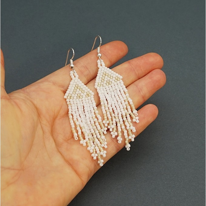 Small White Beaded Earrings with Fringe