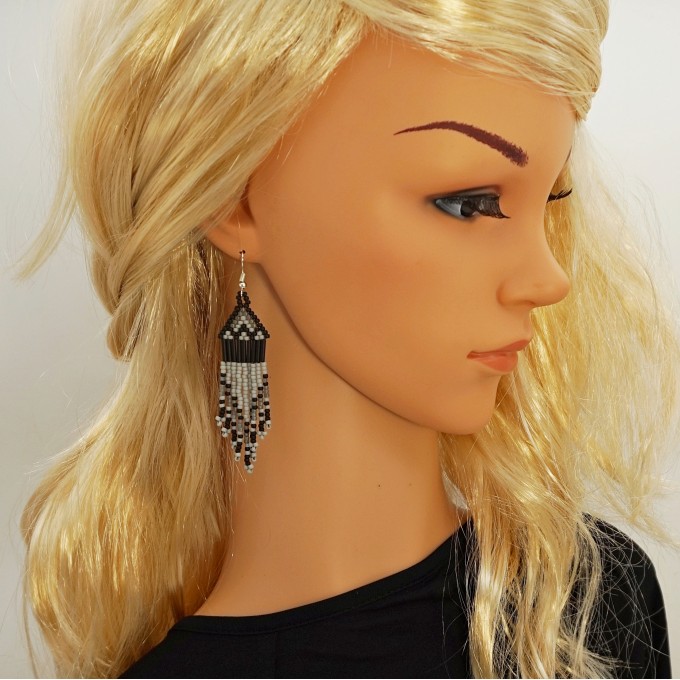 Grey black beaded earrings with fringe