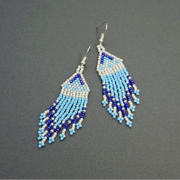 Small Light Blue Beaded Earrings with Fringe of Seed Beads Toho