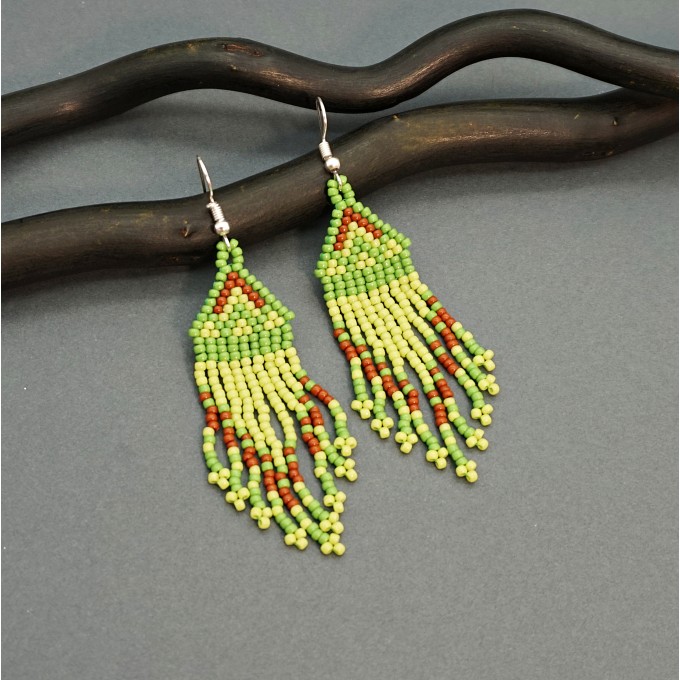 Small Lime Green Beaded Earrings with Fringe of Seed Beads Toho