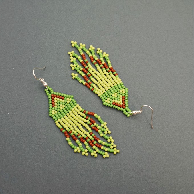 Small Lime Green Beaded Earrings with Fringe of Seed Beads Toho