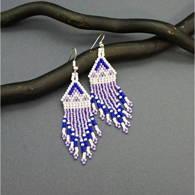Small Navy Blue and Pink Shades Beaded Earrings with Fringe of Seed Beads Toho
