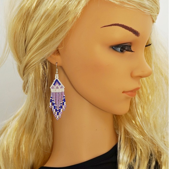 Navy blue pink beaded earrings with fringe