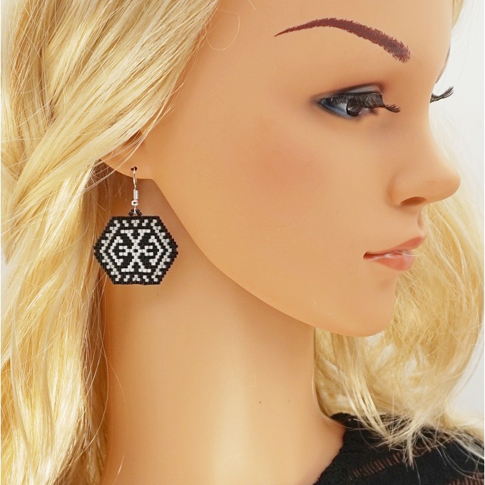 Small Hexagon Beaded Earrings (Black and White)