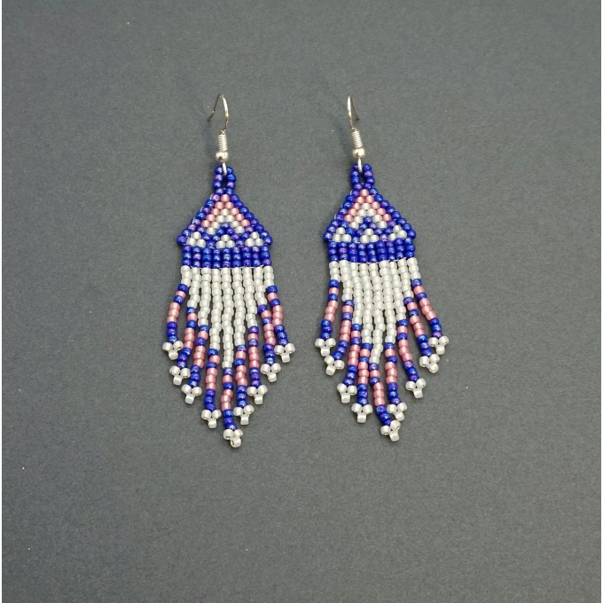 Small Cobalt Blue - White Shades Beaded Earrings with Fringe