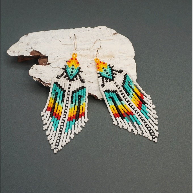 White and Colorful Beaded Earrings with Fringe in Ethnic Style