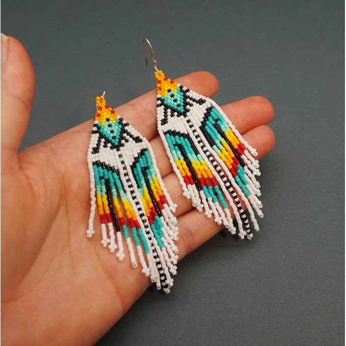 White and Colorful Beaded Earrings with Fringe in Ethnic Style
