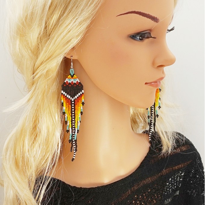 Colorful long dangle beaded earrings