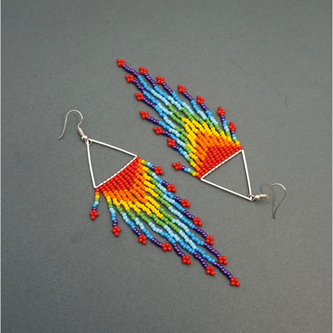 Colorful Rainbow Beaded Dangle Earrings on Silver Triangle