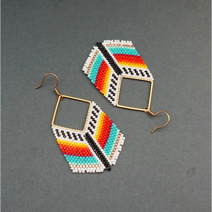 Colorful Earrings of Seed Beads on Gold Rhomb