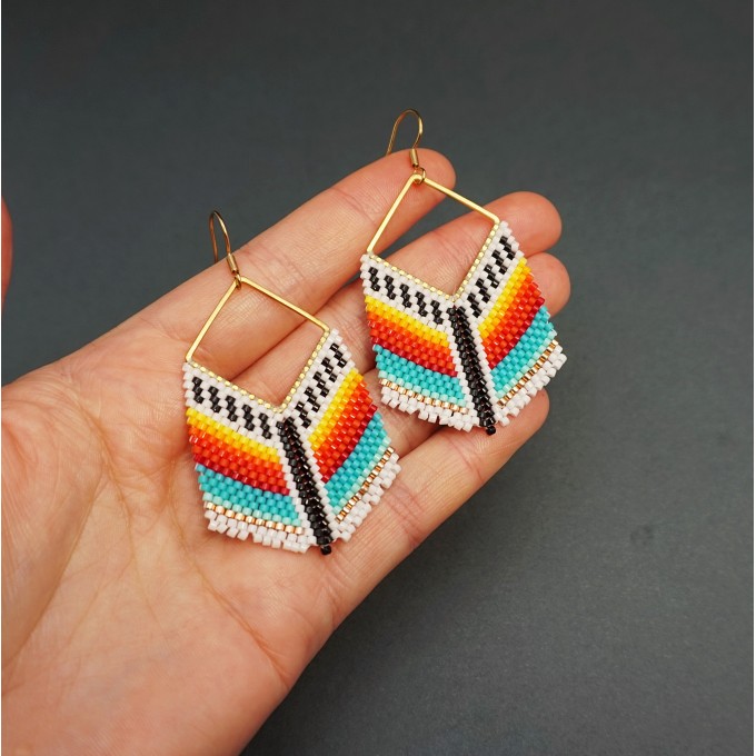 Colorful Earrings of Seed Beads on Gold Rhomb