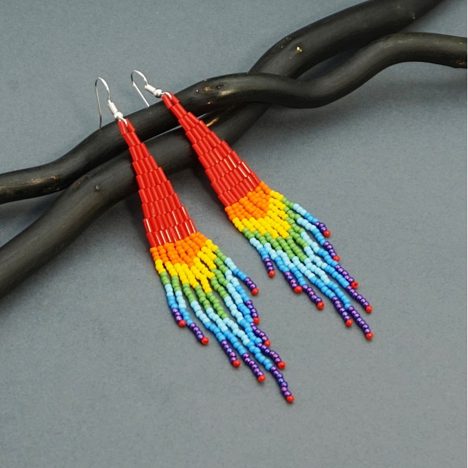 Long Colorful Rainbow Beaded Dangle Earrings