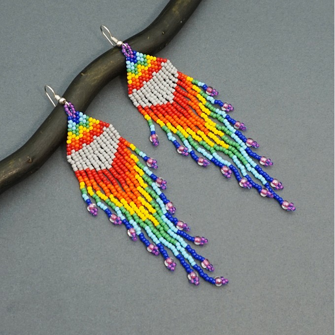 Rainbow Shoulder Duster Statement Earrings of Seed Beads
