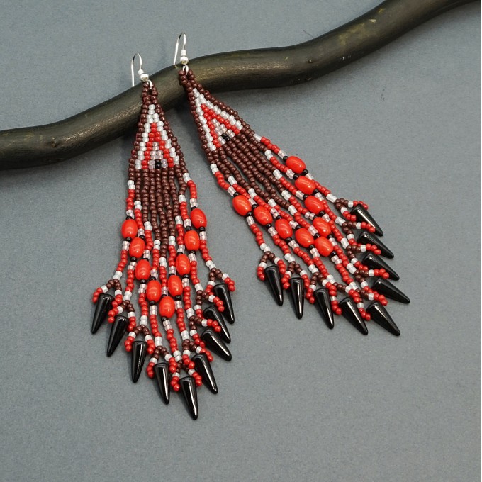 Long Dangle Statement Beaded Earrings in Red and Brown