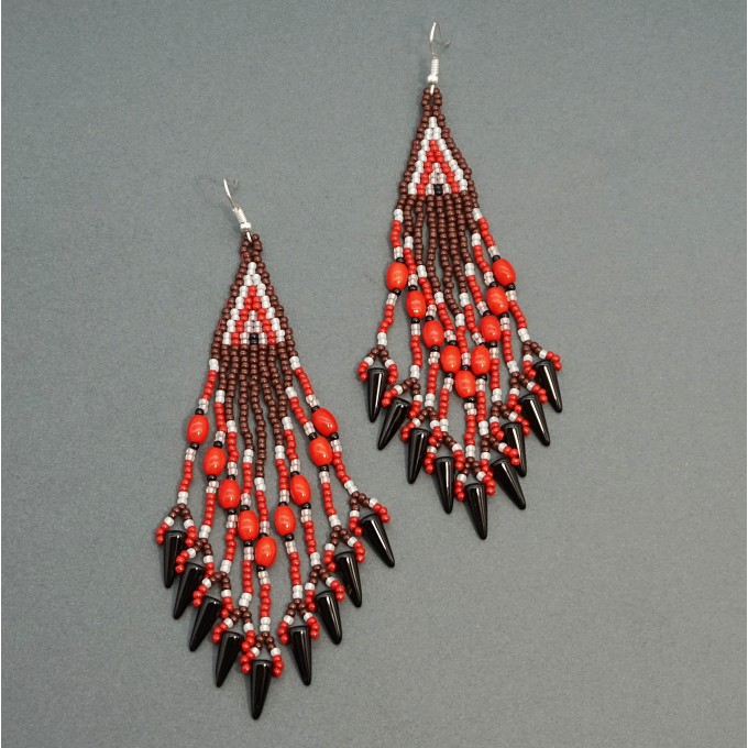 Long Dangle Statement Beaded Earrings in Red and Brown